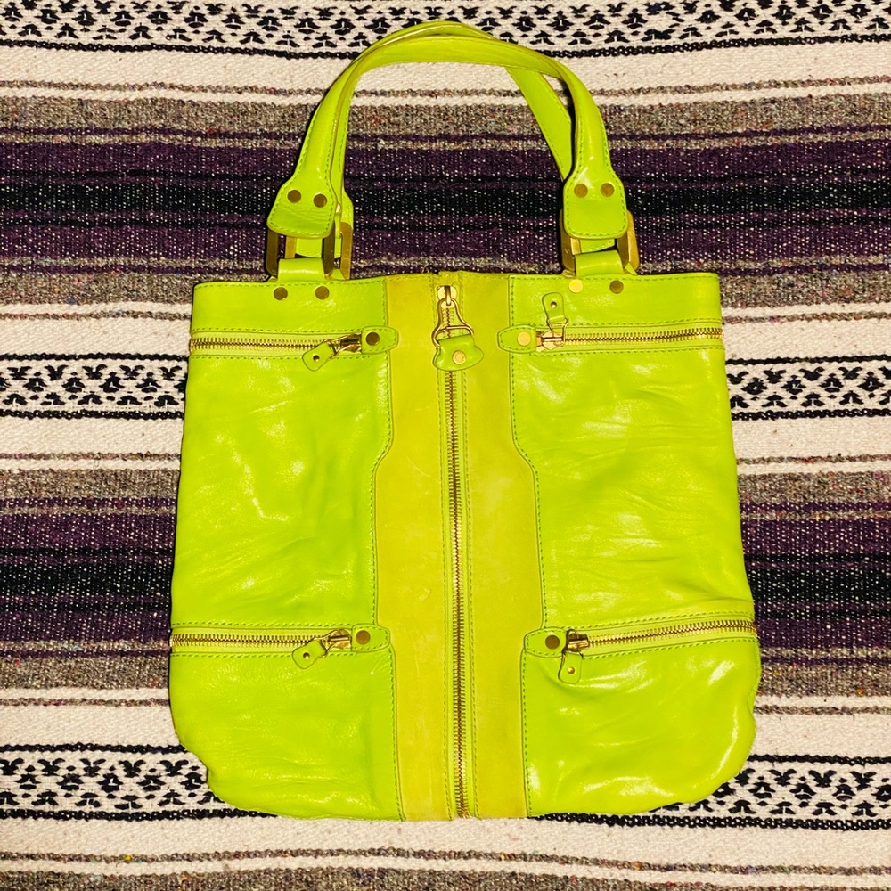 Jimmy Choo: Large lime green leather tote/book bag w/ gold hardware.